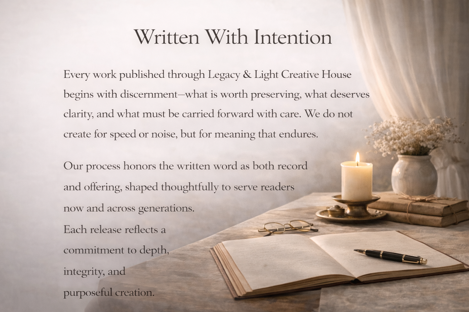 Sunlit writing desk with open journal, fountain pen, candle, and books, symbolizing intentional authorship and thoughtful digital publishing.