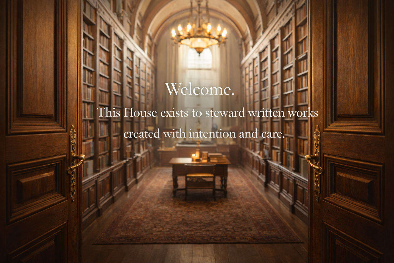Photo of a library with wooden bookshelves, a table with books and a lit candle, and a chandelier. The text overlay reads, "Welcome. This House exists to steward written works created with intention and care."