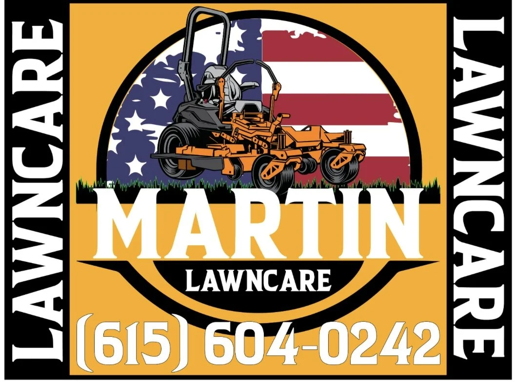 Logo for Martin Lawncare featuring a lawn tractor, American flag background, and contact information.