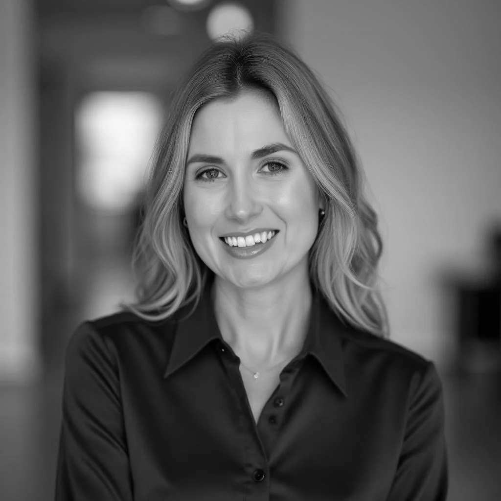 Black and white portrait of a smiling woman with wavy hair, wearing a button-up shirt, looking at the camera in an indoor setting.