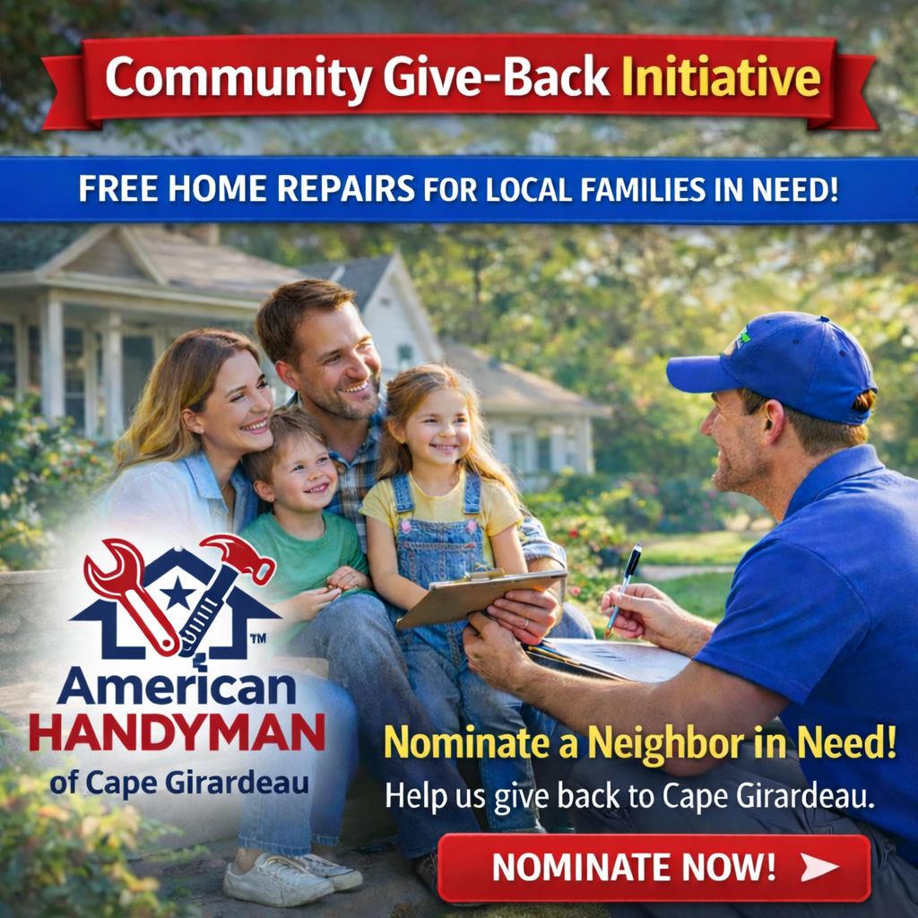 A family of four smiling and sitting outside in front of a house, talking to a handyman in a blue cap and shirt, promoting a community initiative for free home repairs for local families in need in Cape Girardeau.