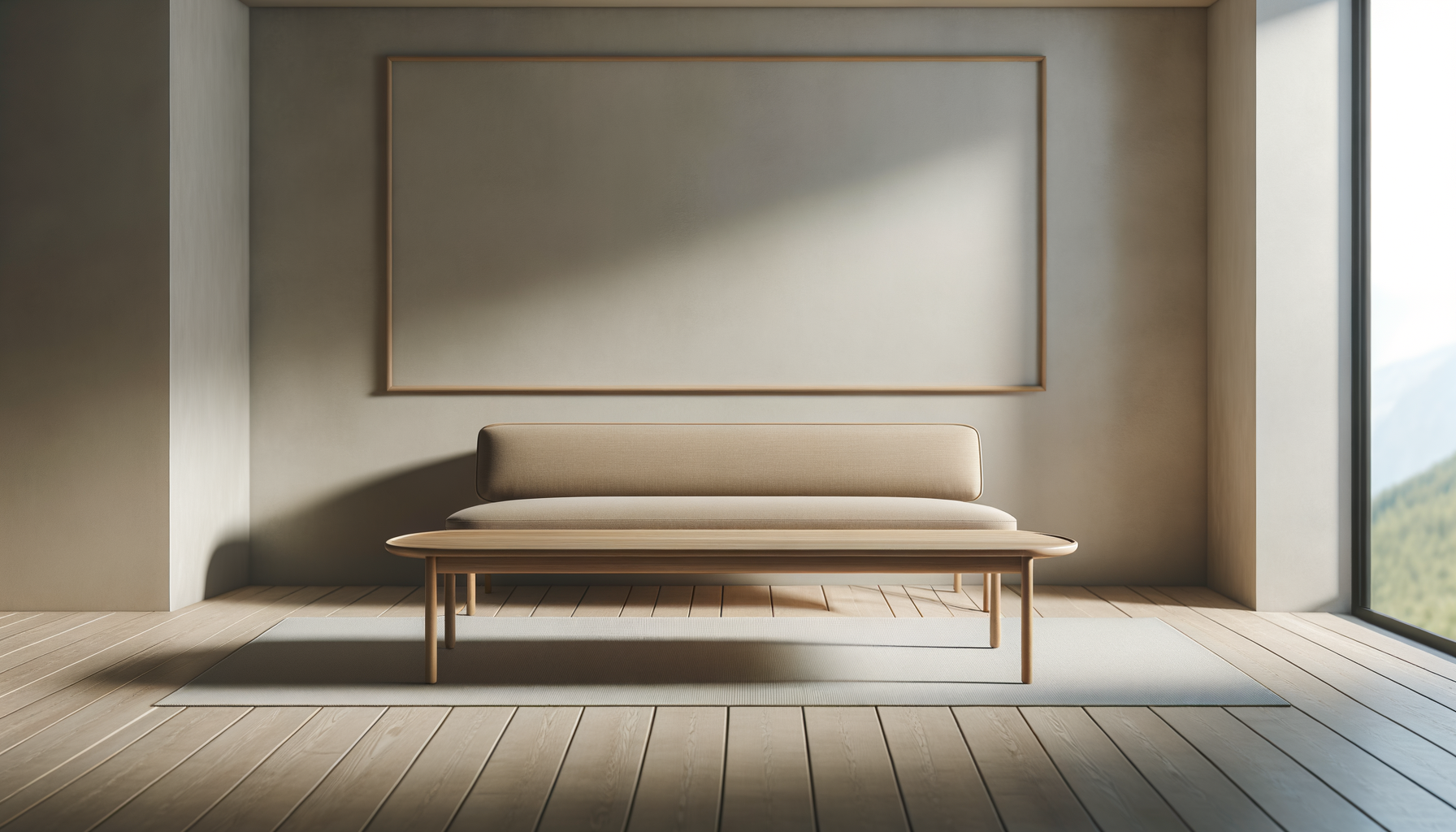 Minimalist beige sofa in a light-colored room with wooden flooring, large window showing mountains, no other furniture or decor.