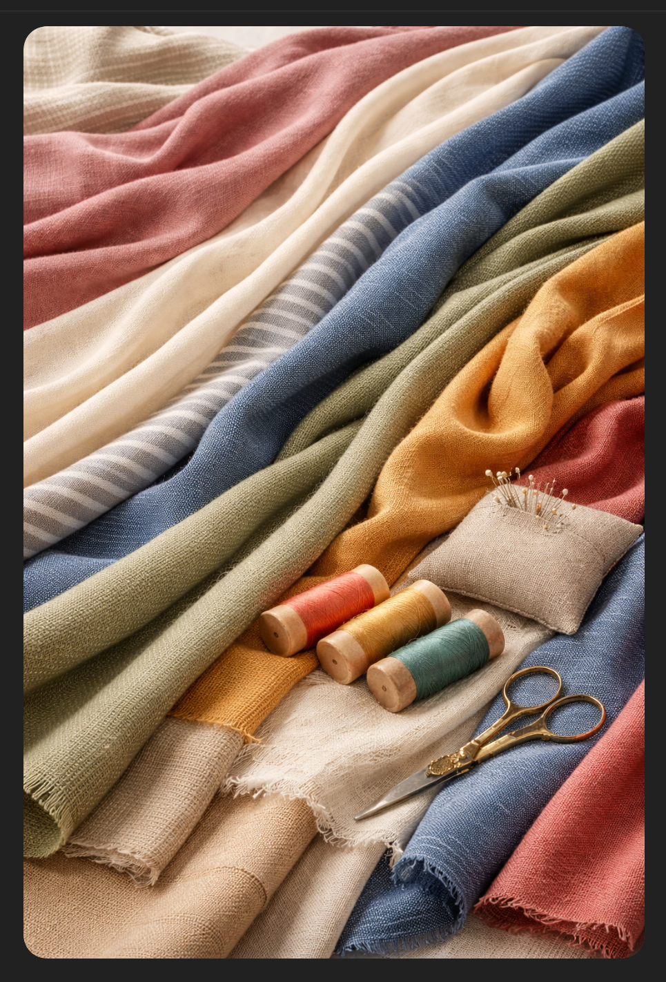 Colored fabrics in shades of pink, beige, blue, green, orange, and cream, along with sewing thread spools, a pair of golden scissors, and a pin cushion with sewing pins.