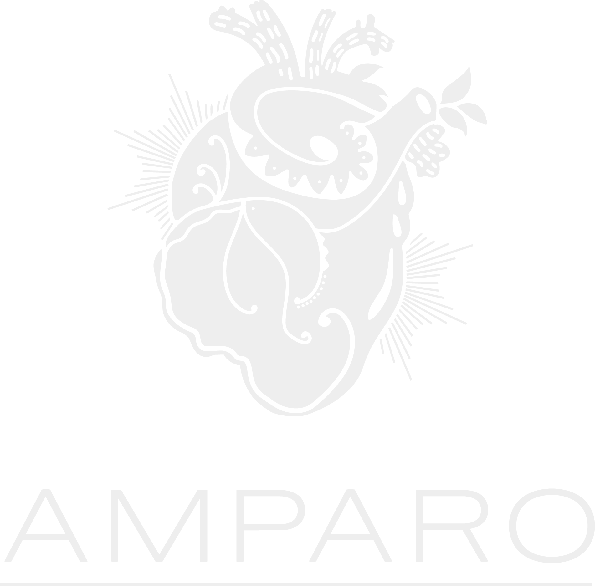 Stylized black and white illustration of a human heart with floral and abstract decorative elements, and the word 'AMPARO' beneath it.