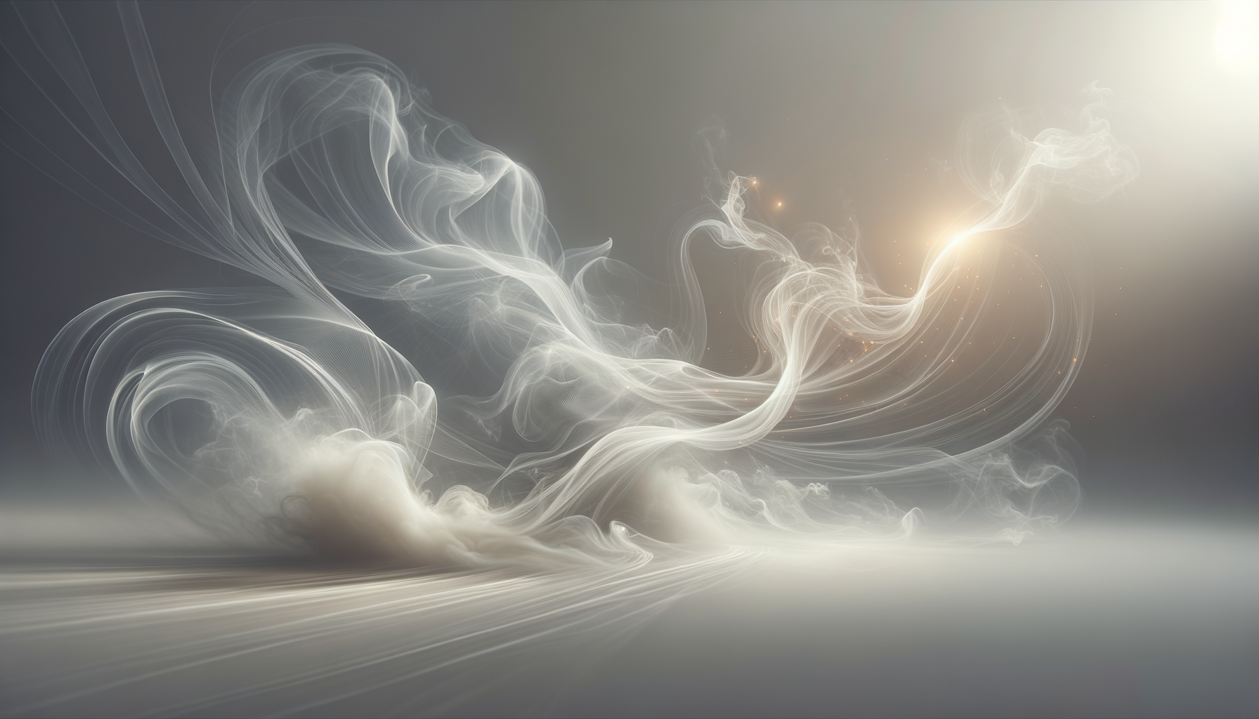 Abstract digital art with swirling white light and smoke-like tendrils on a gray background, emitting a bright light source in the upper right corner.