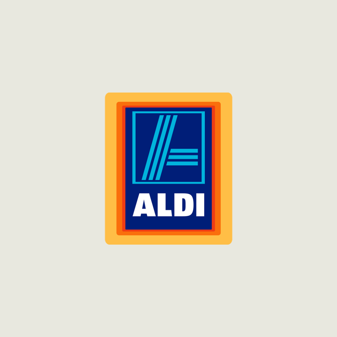 ALDI store logo with blue, orange, and white design.