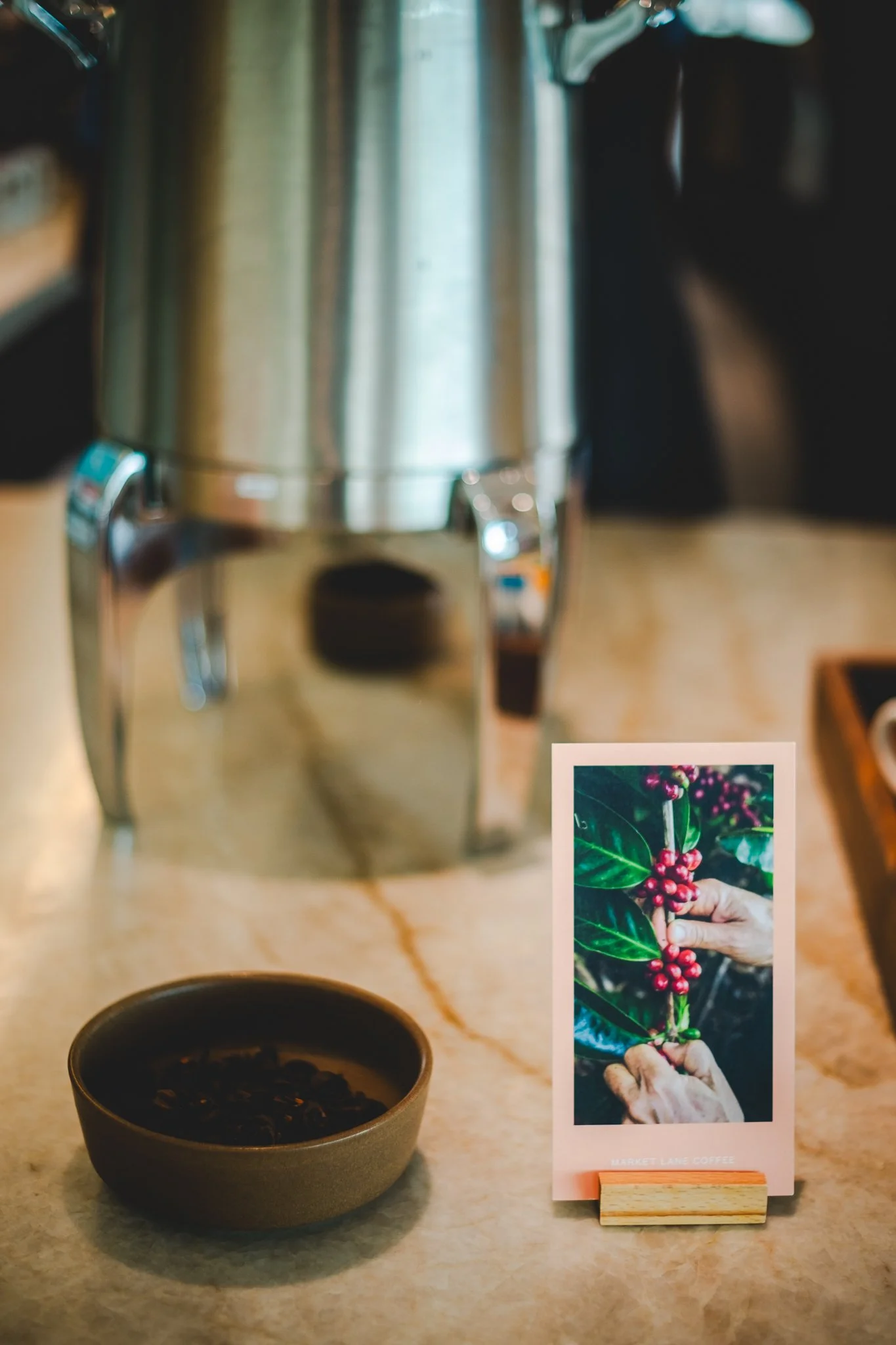 A coffee station with a bowl of coffee beans, a stainless steel coffee urn, and a photo card featuring a hand holding a coffee branch with red coffee cherries.