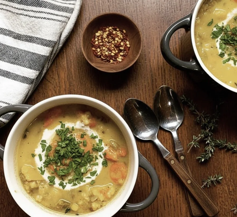Bowl of homemade chicken noodle soup garnished with chopped parsley on a wooden table, with spoons, a small dish of crushed red pepper, and sprigs of herbs nearby.