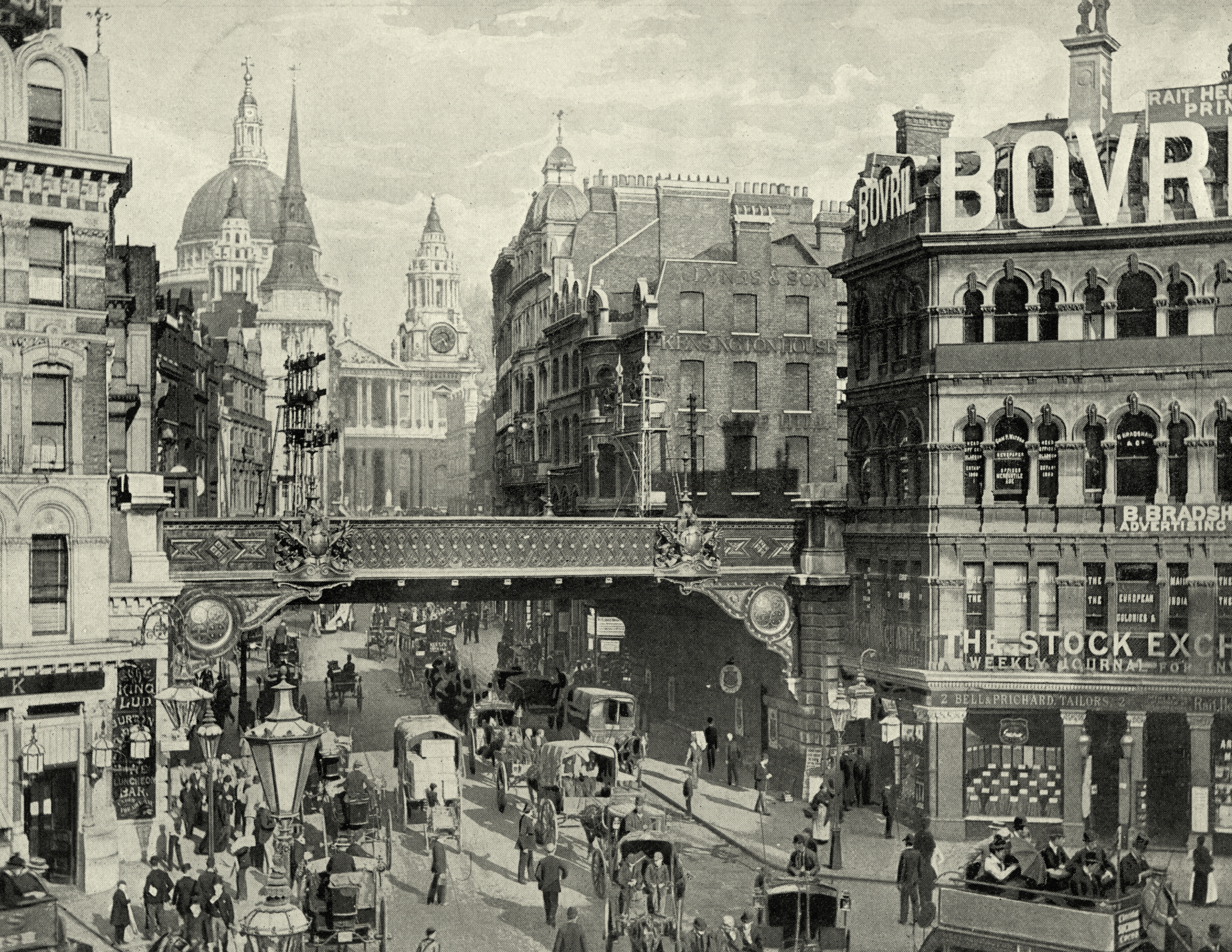 An image of Ludgate Circus, in Victorian London, depicting a busy street surrounded by city buildings.