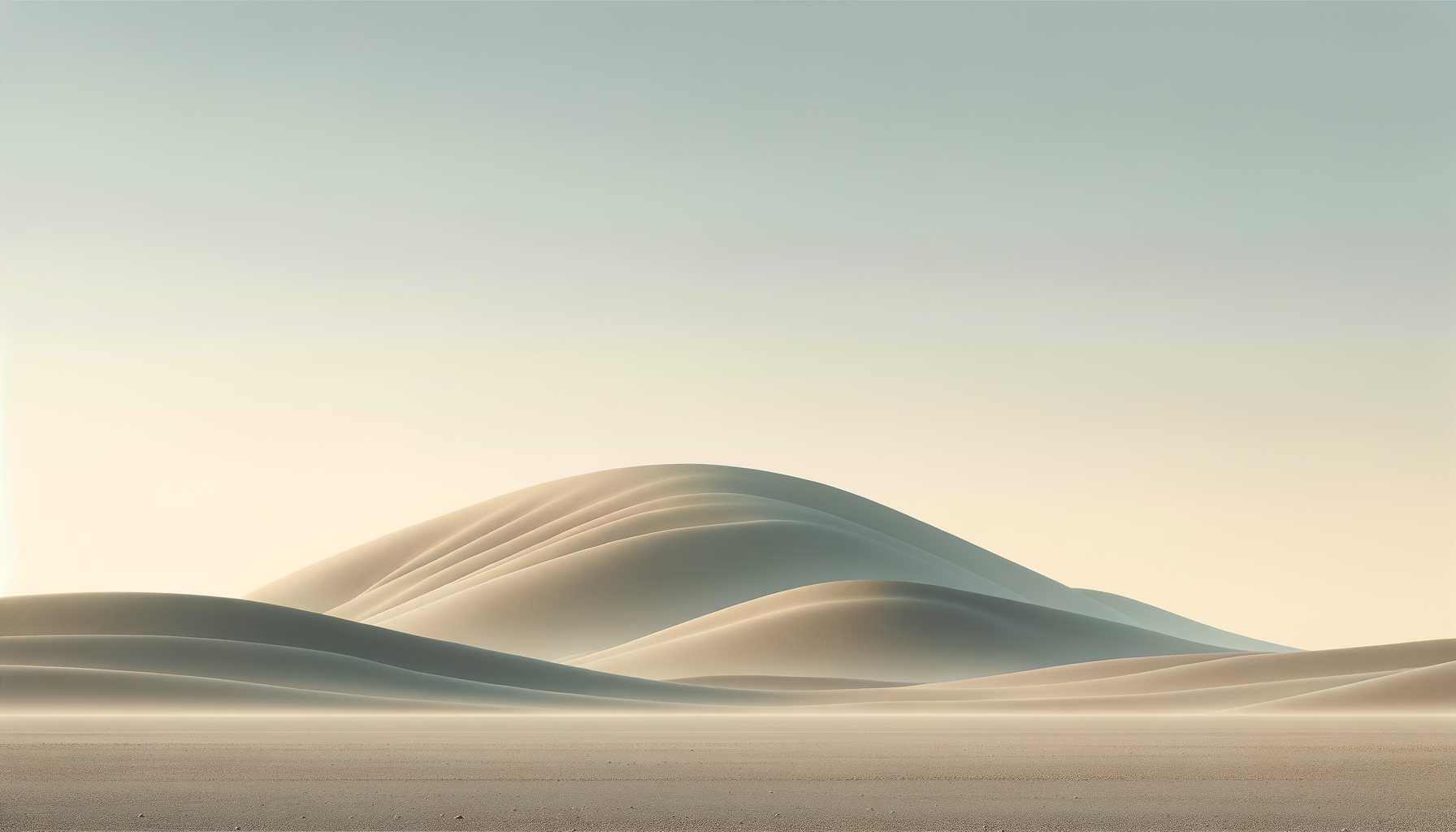 Sand dunes in a desert with soft lighting and a pastel-colored sky.