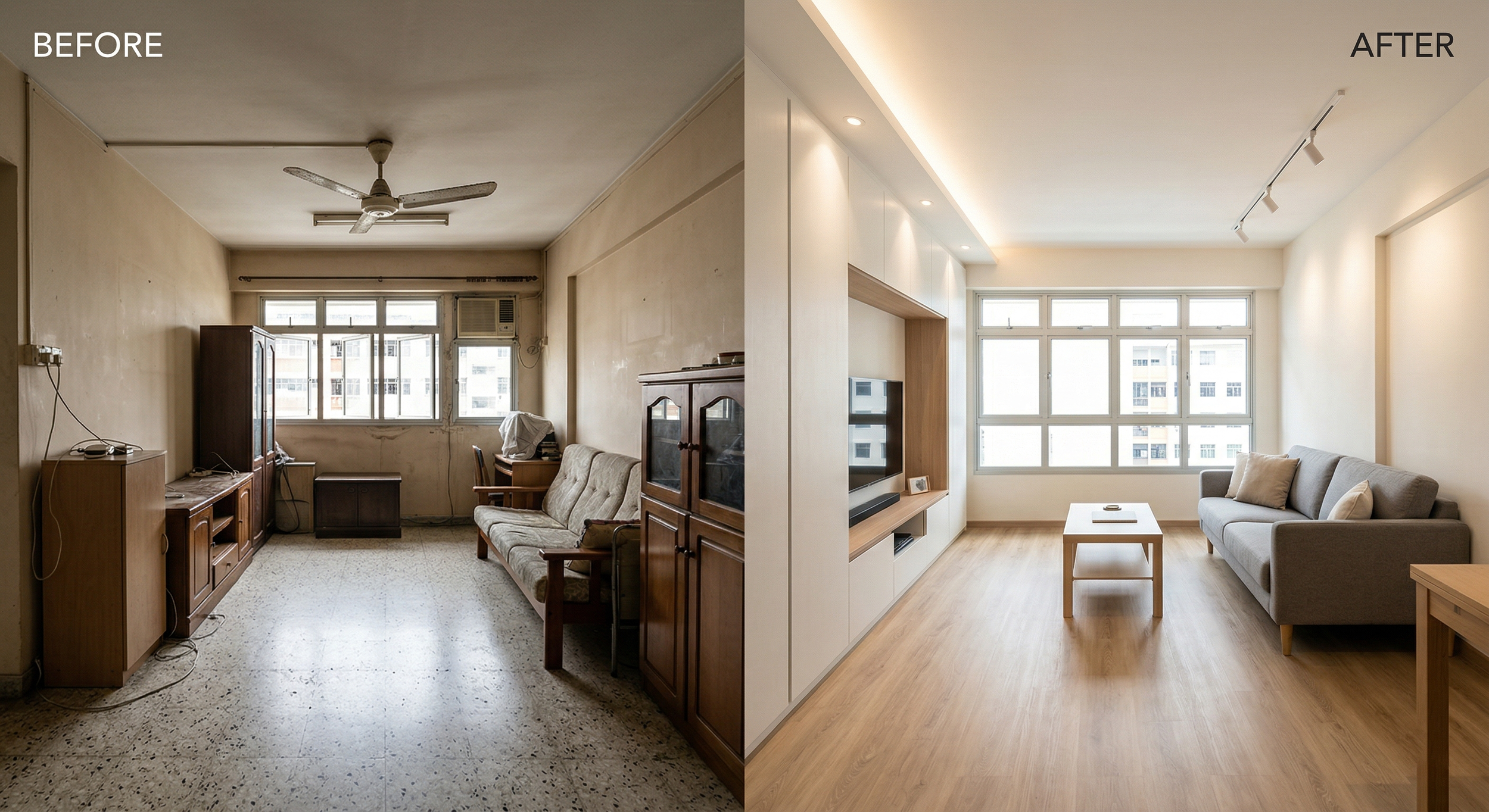 Before and after comparison of HDB renovation showing dated space transformed into modern, space-efficient design