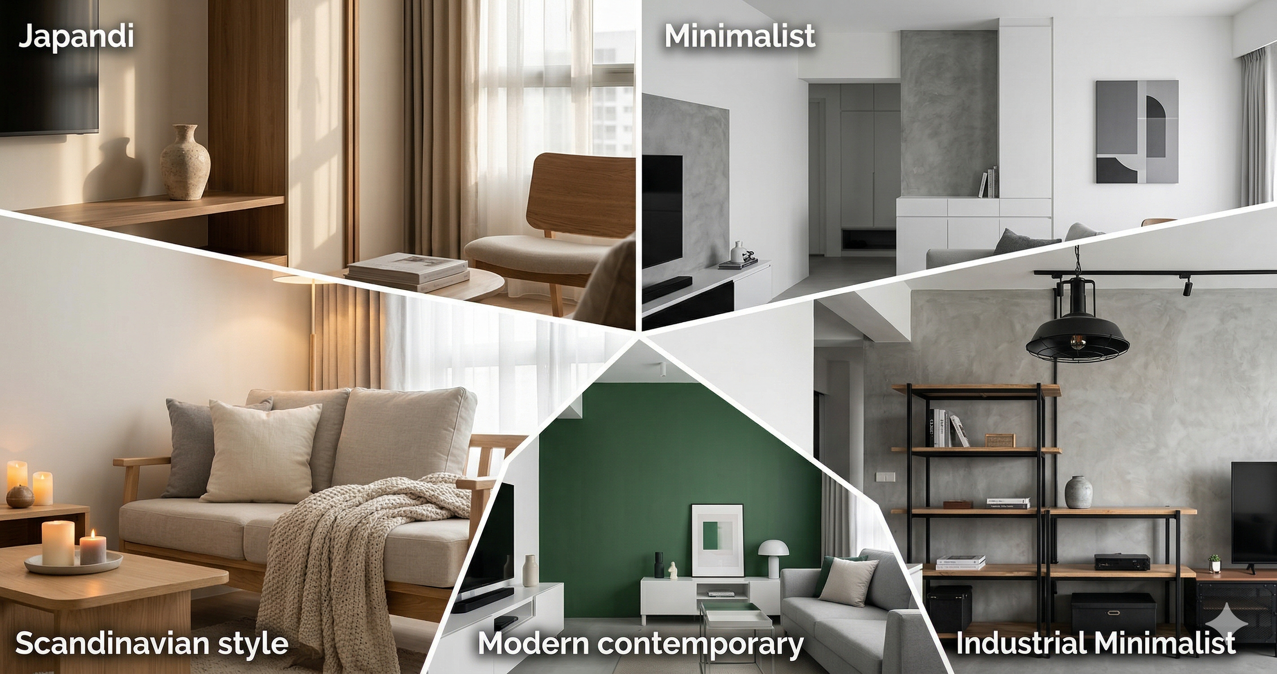 Small HDB living room interpreted in five interior design styles: Japandi, Minimalist, Scandinavian, Industrial, and Modern