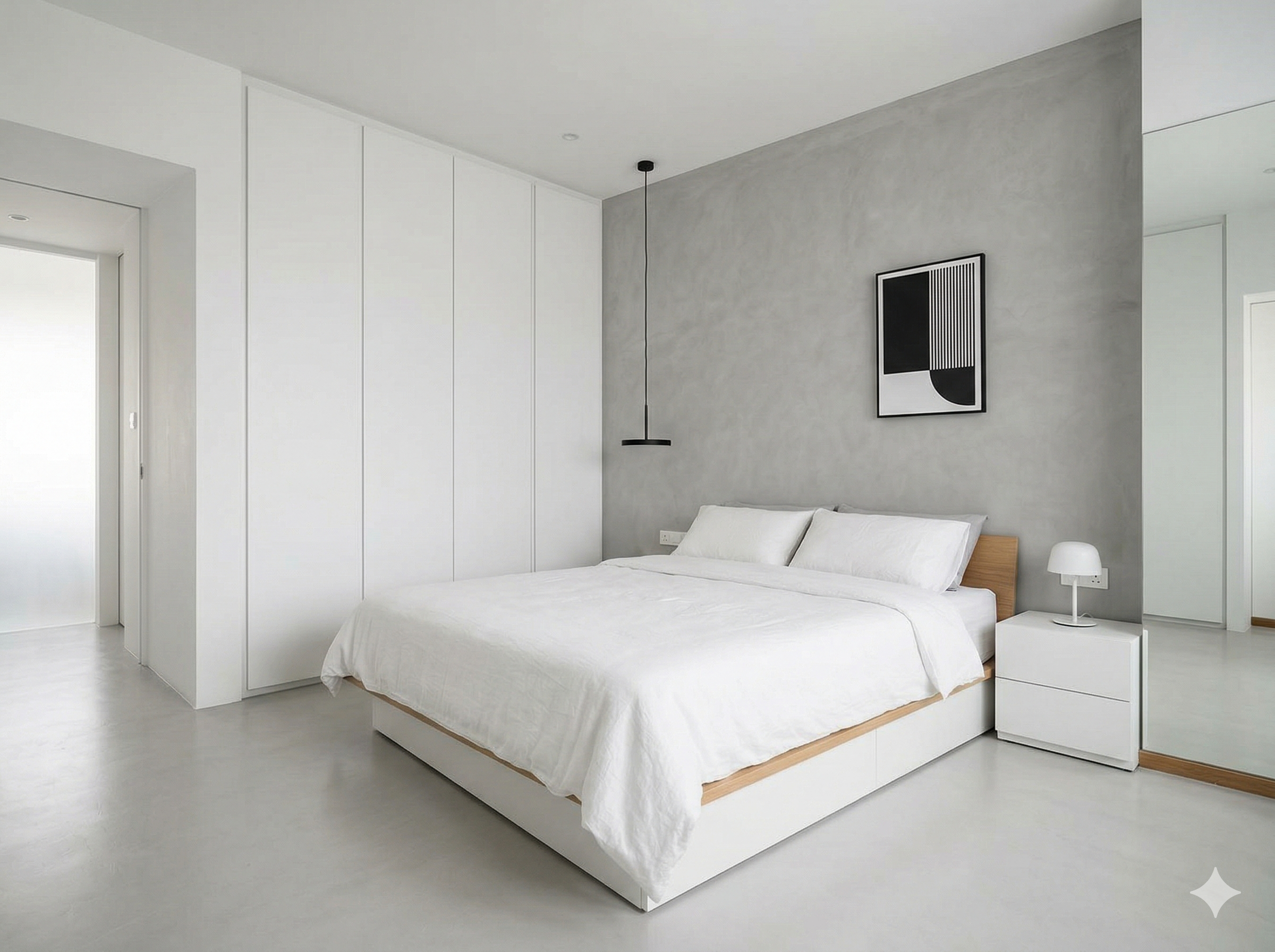Minimalist HDB bedroom with white walls, grey concrete accent wall, clean built-in storage, and uncluttered surfaces