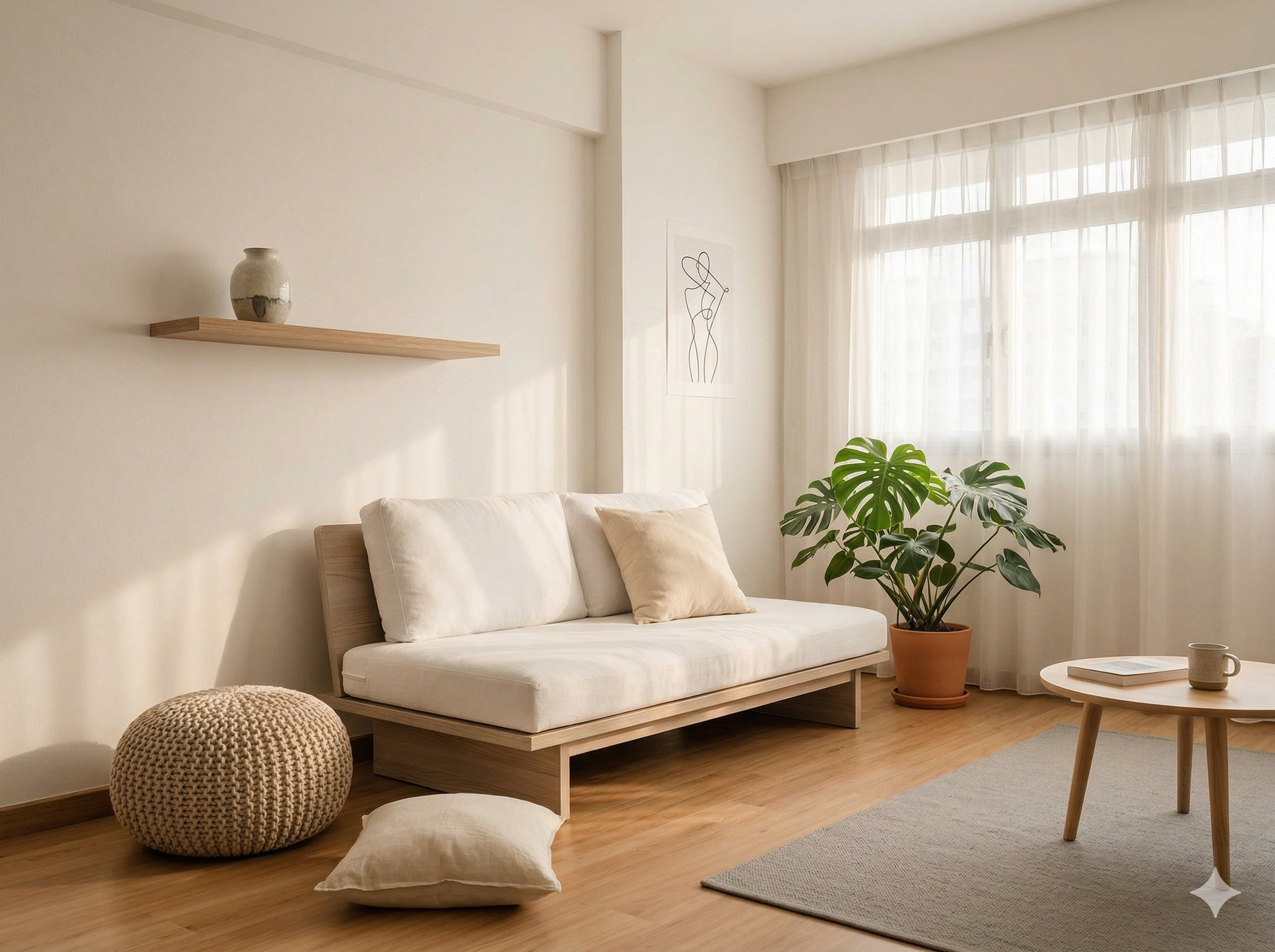 Small HDB living room in Japandi style with warm wood tones, neutral palette, ceramic vase on floating shelf, and natural lighting