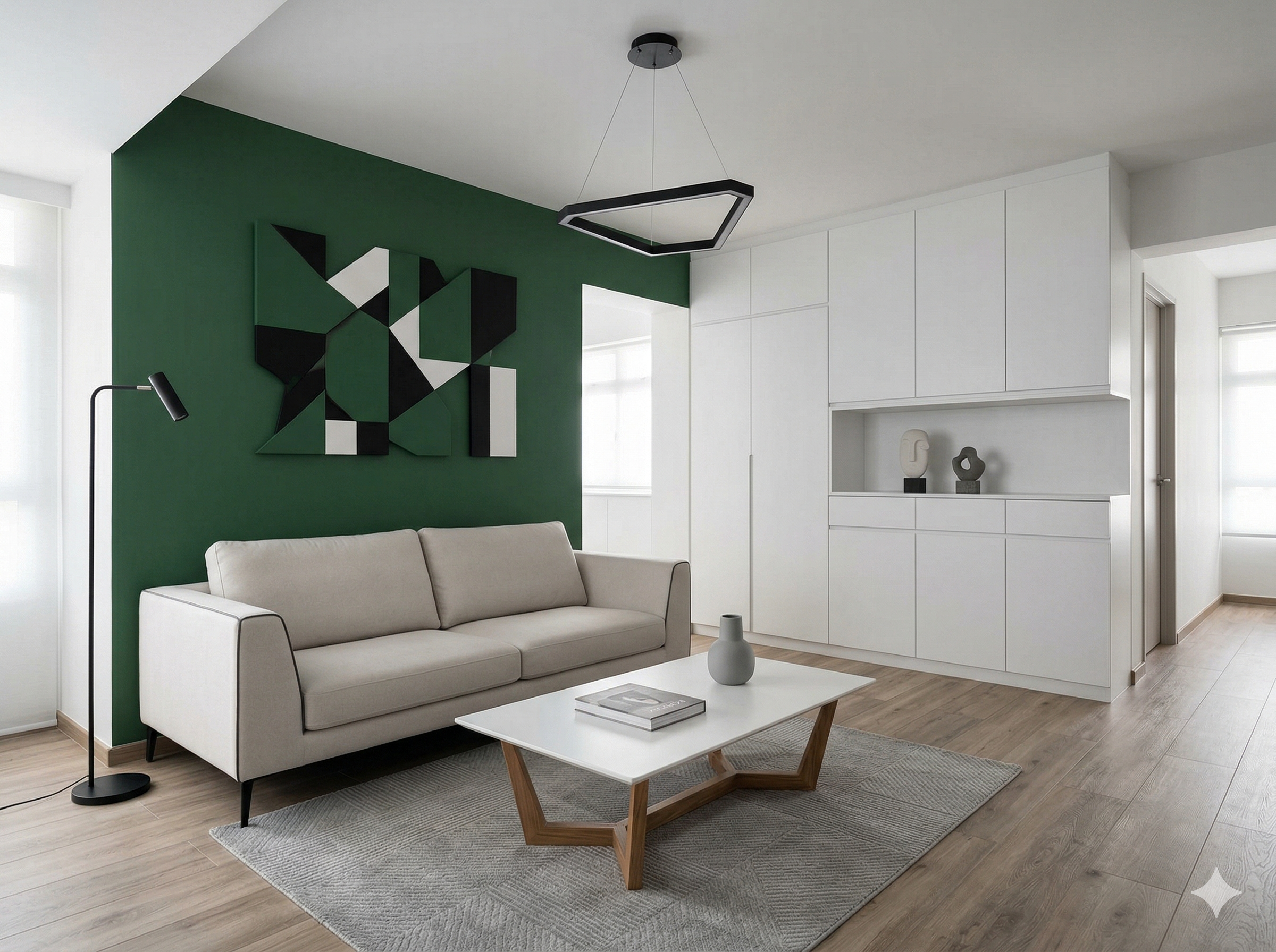 Modern HDB living room with clean-lined furniture, forest green accent wall, geometric art, and minimal clutter