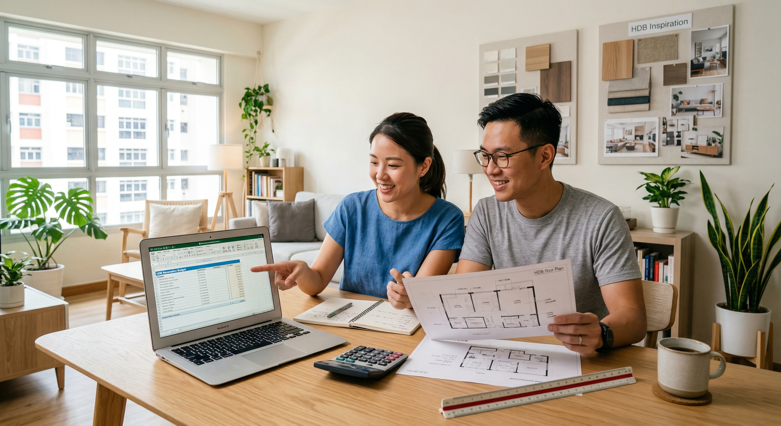 Young couple reviewing HDB renovation budget and floor plans at home with laptop and design materials