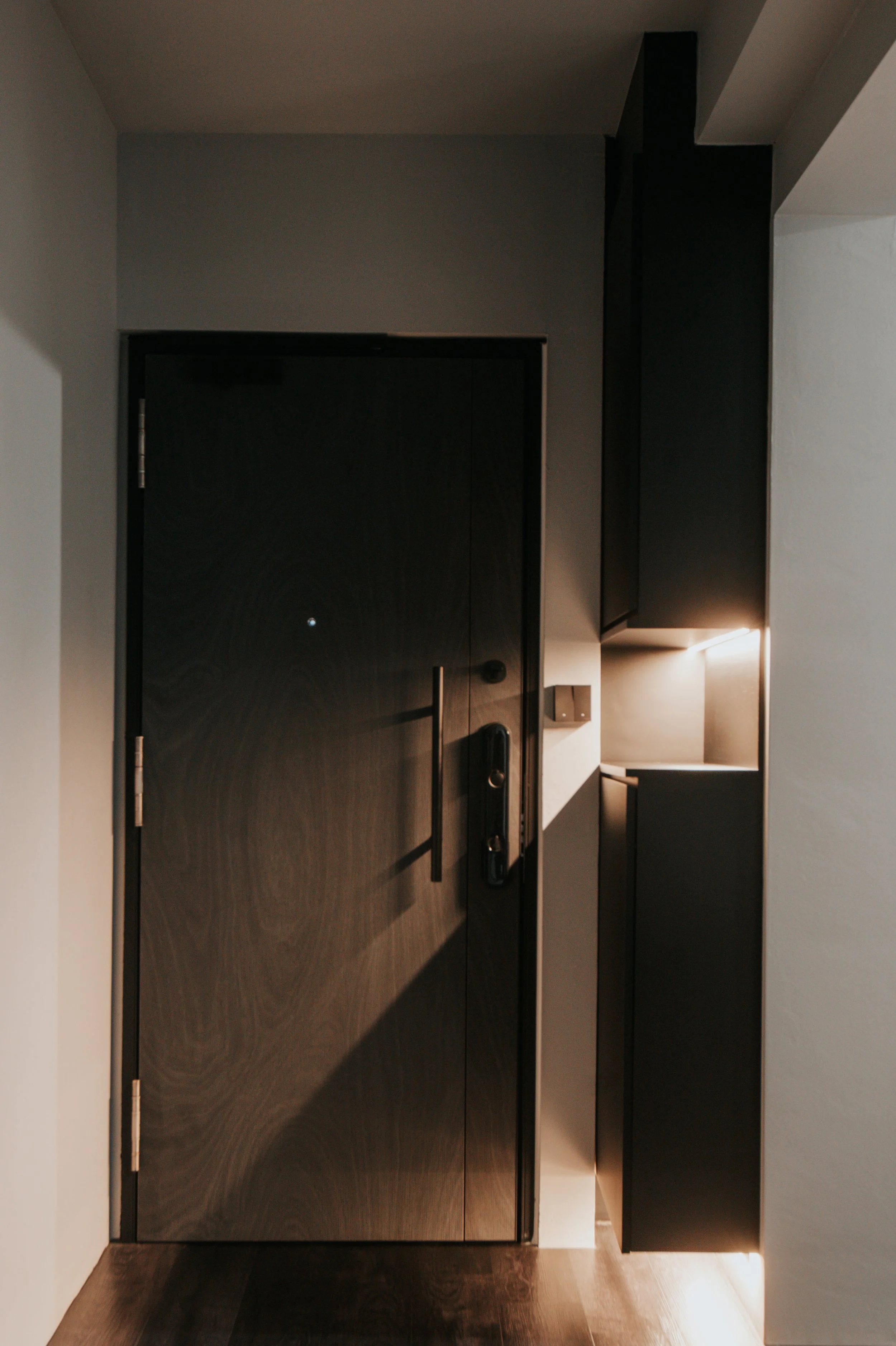 Modern black front door with sleek handle, surrounded by minimalistic white and black walls, with accent lighting on the right.