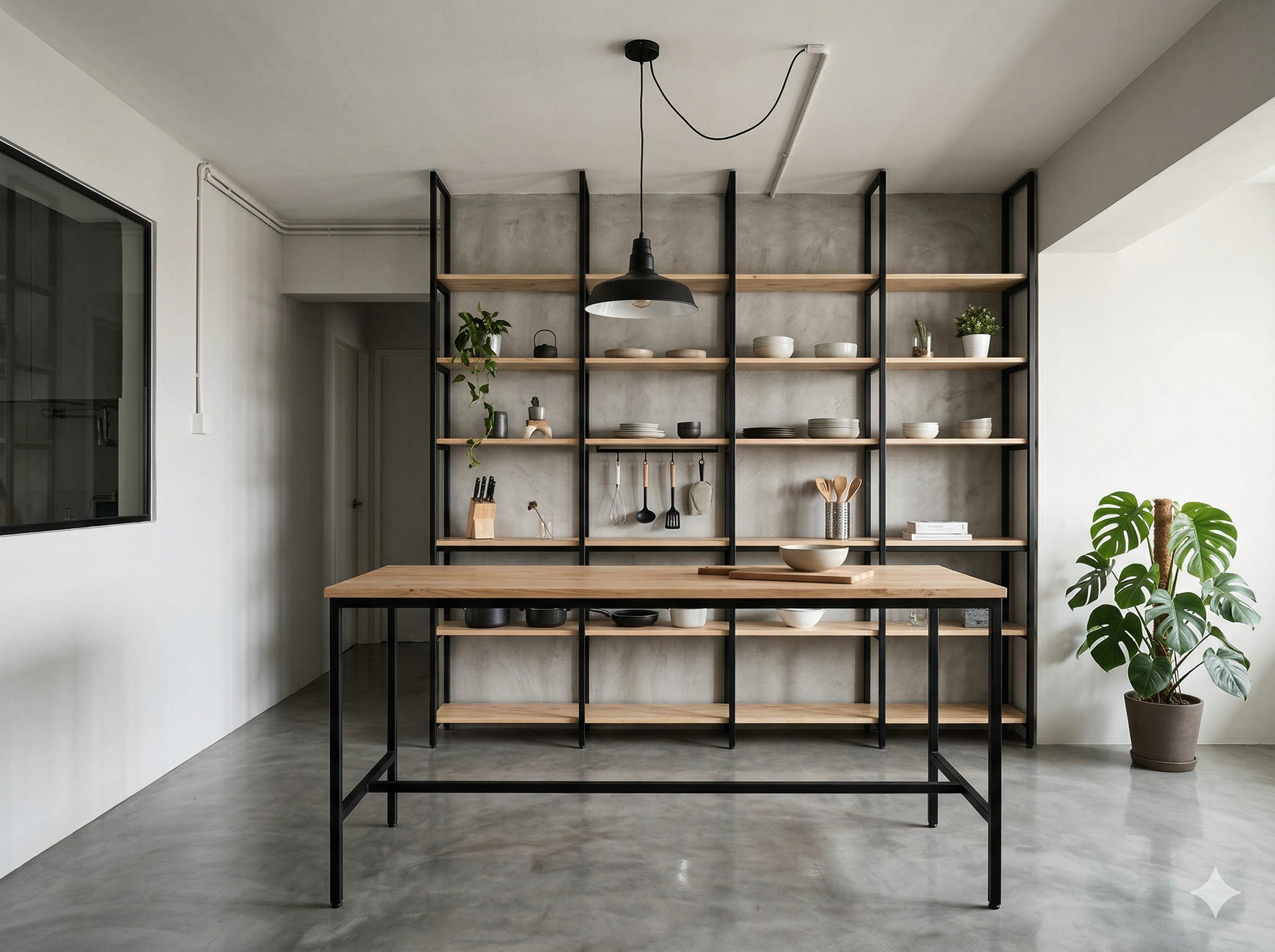 Industrial minimalist HDB kitchen with black steel shelving, raw wood shelves, concrete accent wall, and exposed pendant light