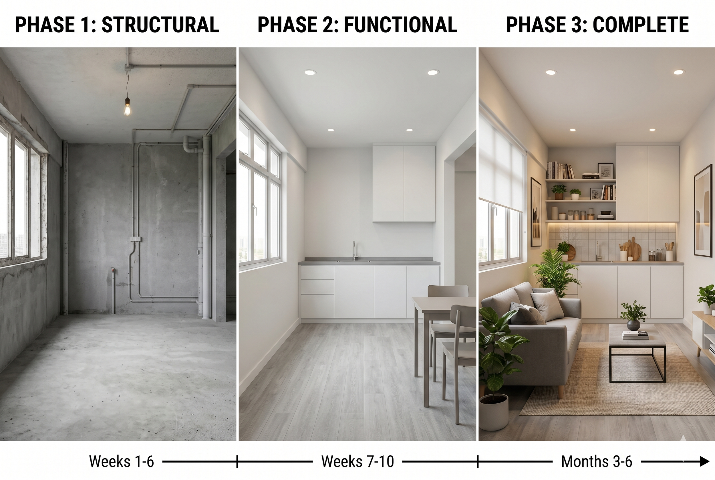 Three-panel image showing HDB flat progression through Phase 1 (structural), Phase 2 (functional), and Phase 3 (finished) renovation stages