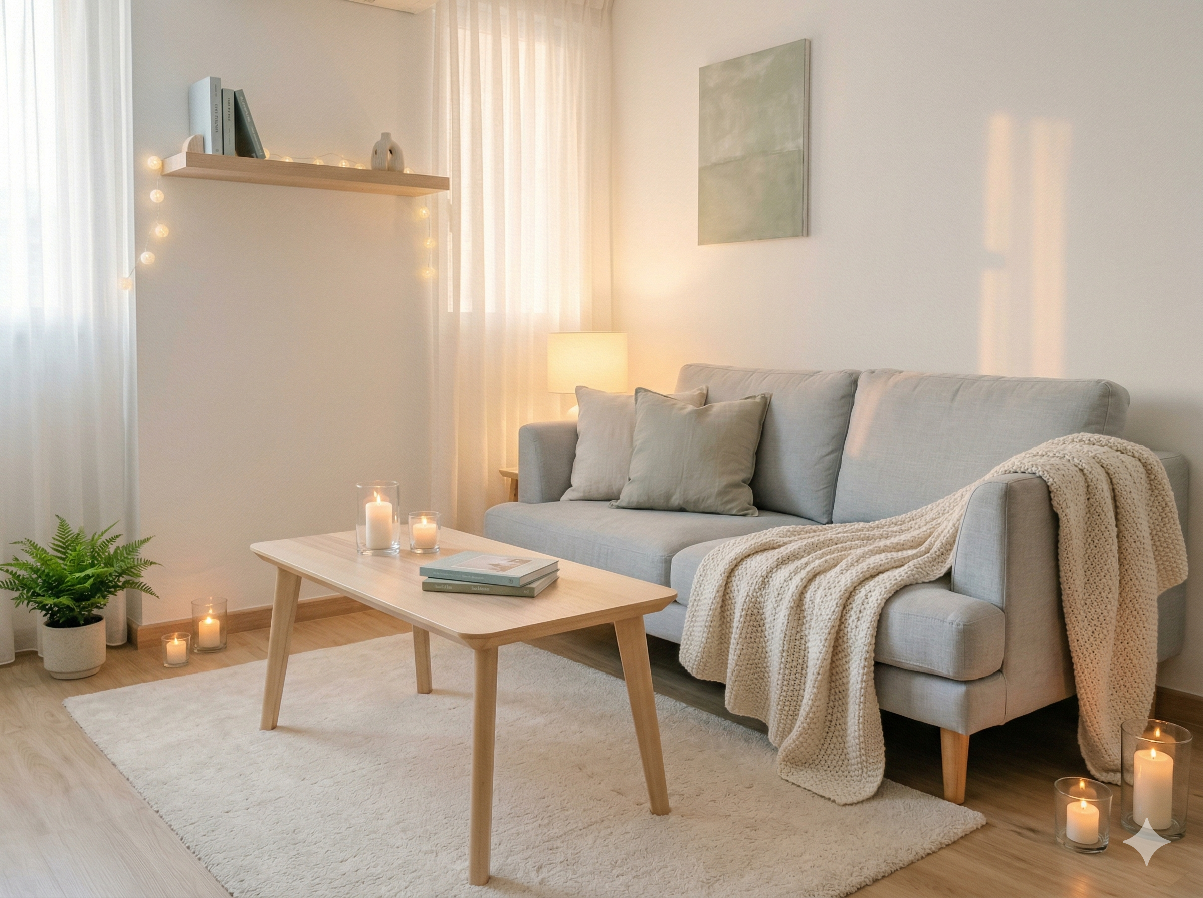 Cosy Scandinavian HDB living room with light wood furniture, chunky knit throw blanket, warm lighting, and soft furnishings