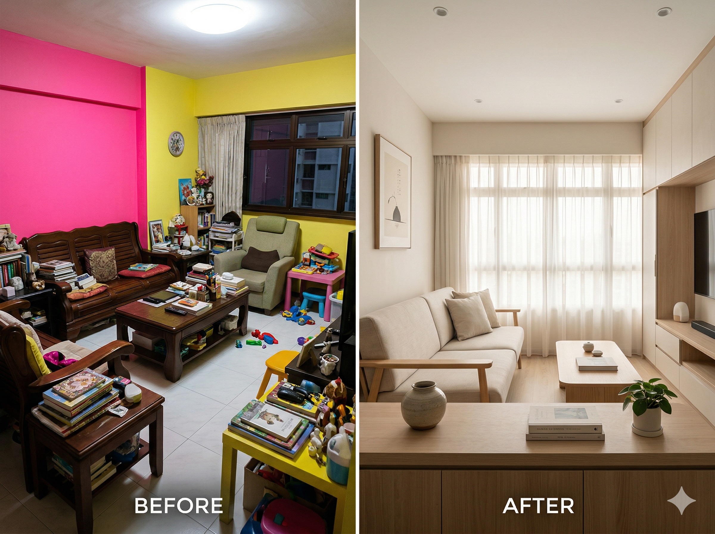 Before and after transformation of a small HDB living room from cluttered to serene using interior design style principles
