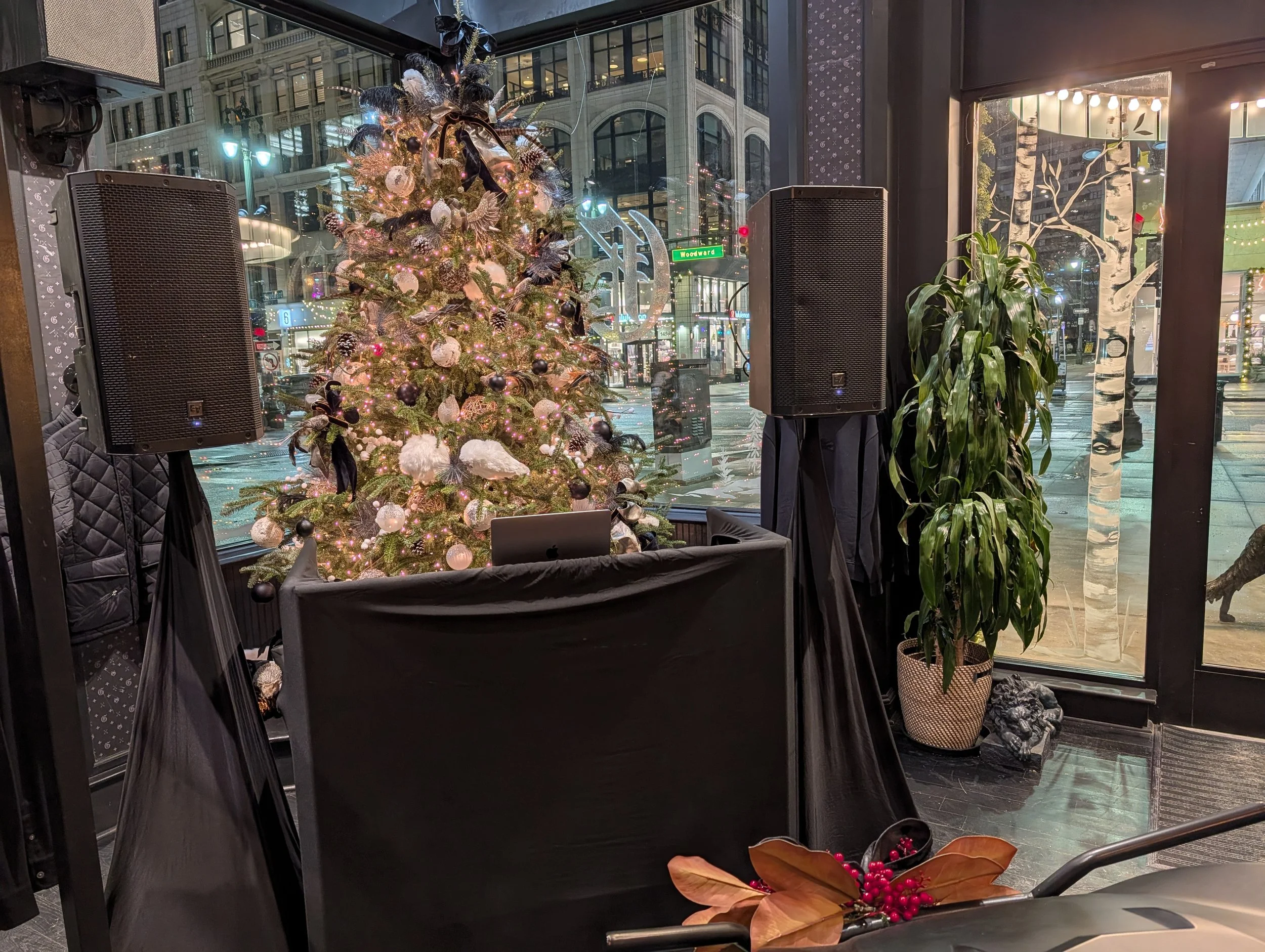 Christmas tree decorated with lights and ornaments, positioned near large windows, with speakers, a plant, and Christmas decorations around.