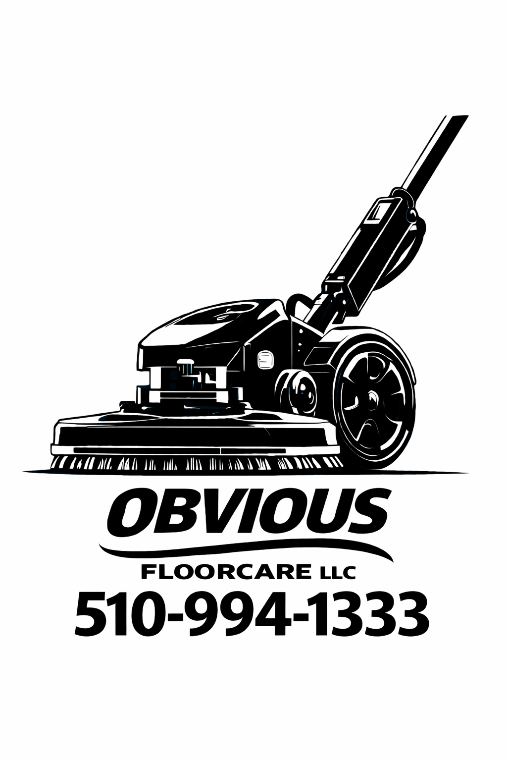 A black and white illustration of a floor cleaning machine with a brush underneath and a hand-held handle. The image includes the text "OBVIOUS FLOORCARE LLC" and the phone number "510-994-1333".