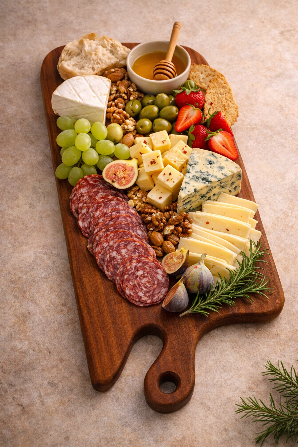 Assorted cheeses, fresh strawberries, green grapes, figs, slices of cured meats, honey with a honey dipper, bread, nuts, and herbs on a wooden cheese board.