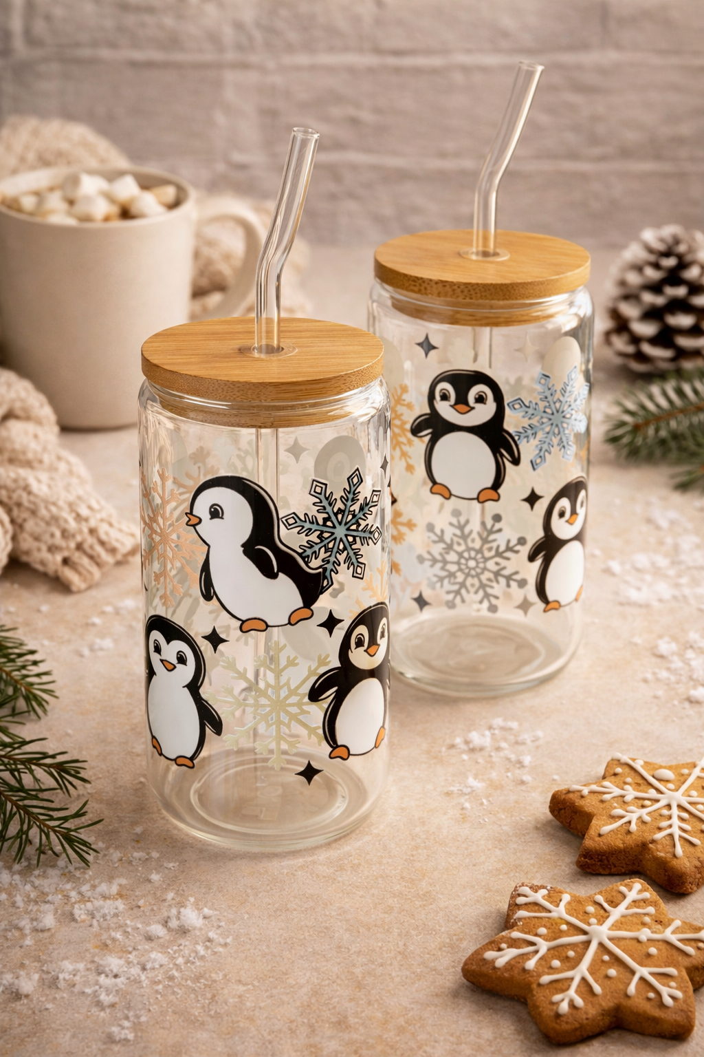 Two clear glass cups with penguin and snowflake designs, each with a bamboo lid and a bendy plastic straw, placed on a beige surface with gingerbread cookies decorated with white icing, pine branches, and pinecones in the background.