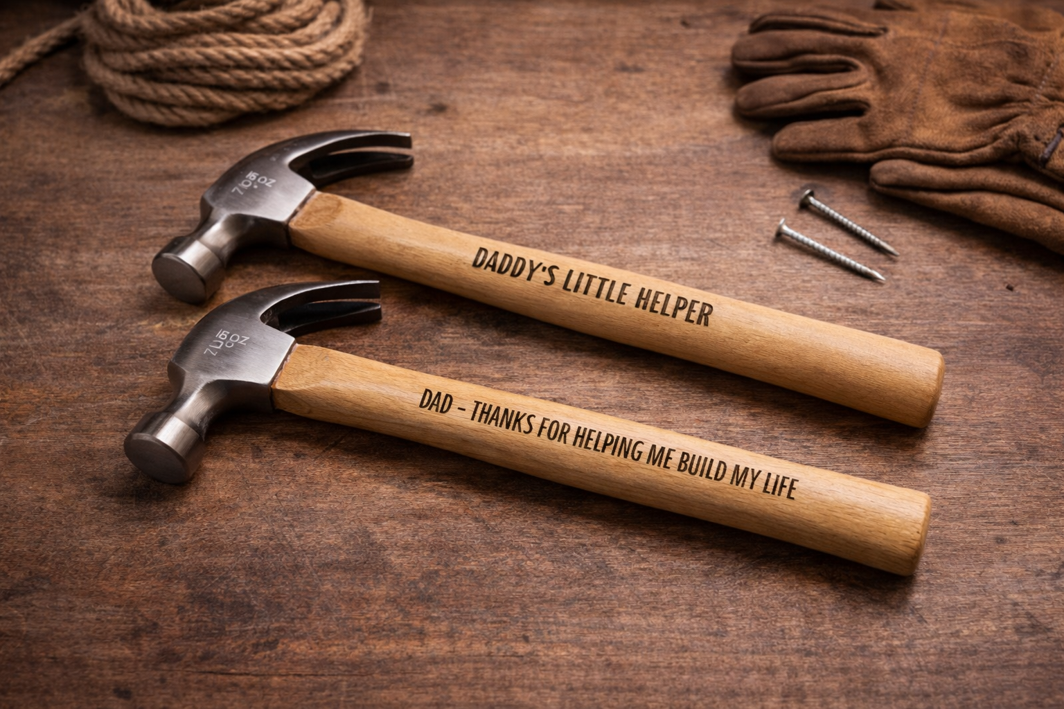 Two hammers with personalized wooden handles, one reading 'DADDY'S LITTLE HELPER' and the other 'DAD - THANKS FOR HELPING ME BUILD MY LIFE,' placed on a wooden surface alongside rope, gloves, and nails.
