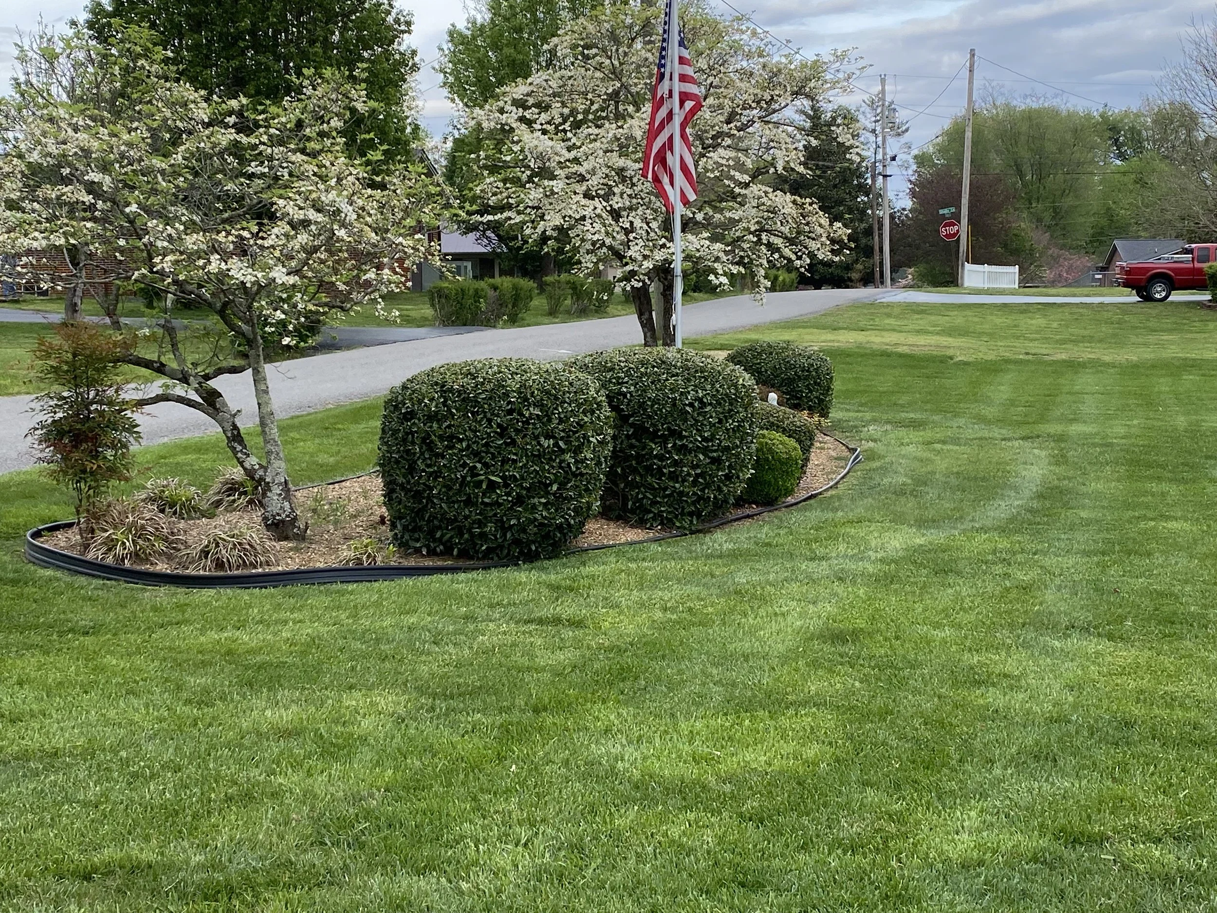 Well-maintained front yard with neatly trimmed bushes, flowering trees, an American flag on a pole, and a grassy lawn next to a paved road in a suburban neighborhood.