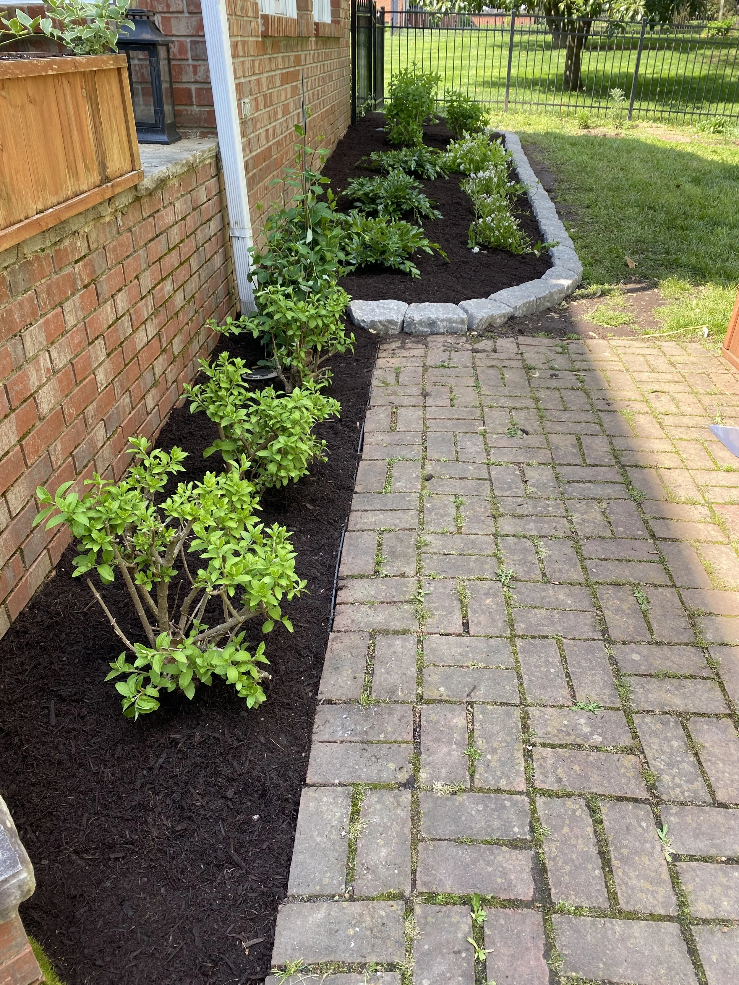 A brick patio next to a brick house with a garden bed filled with green plants and shrubs, bordered by a row of gray stones, with a black metal fence and grassy yard in the background.