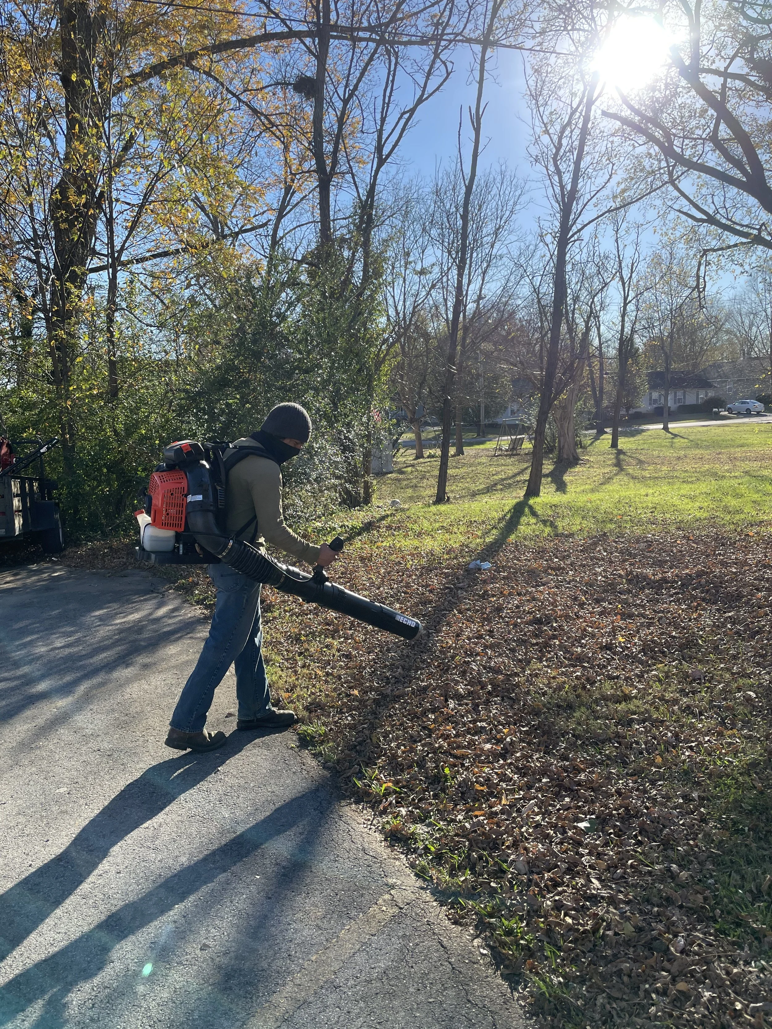 Person wearing a gray hoodie and jeans, using a leaf blower to clear leaves from a sidewalk next to a grassy yard with trees, under a sunny sky.