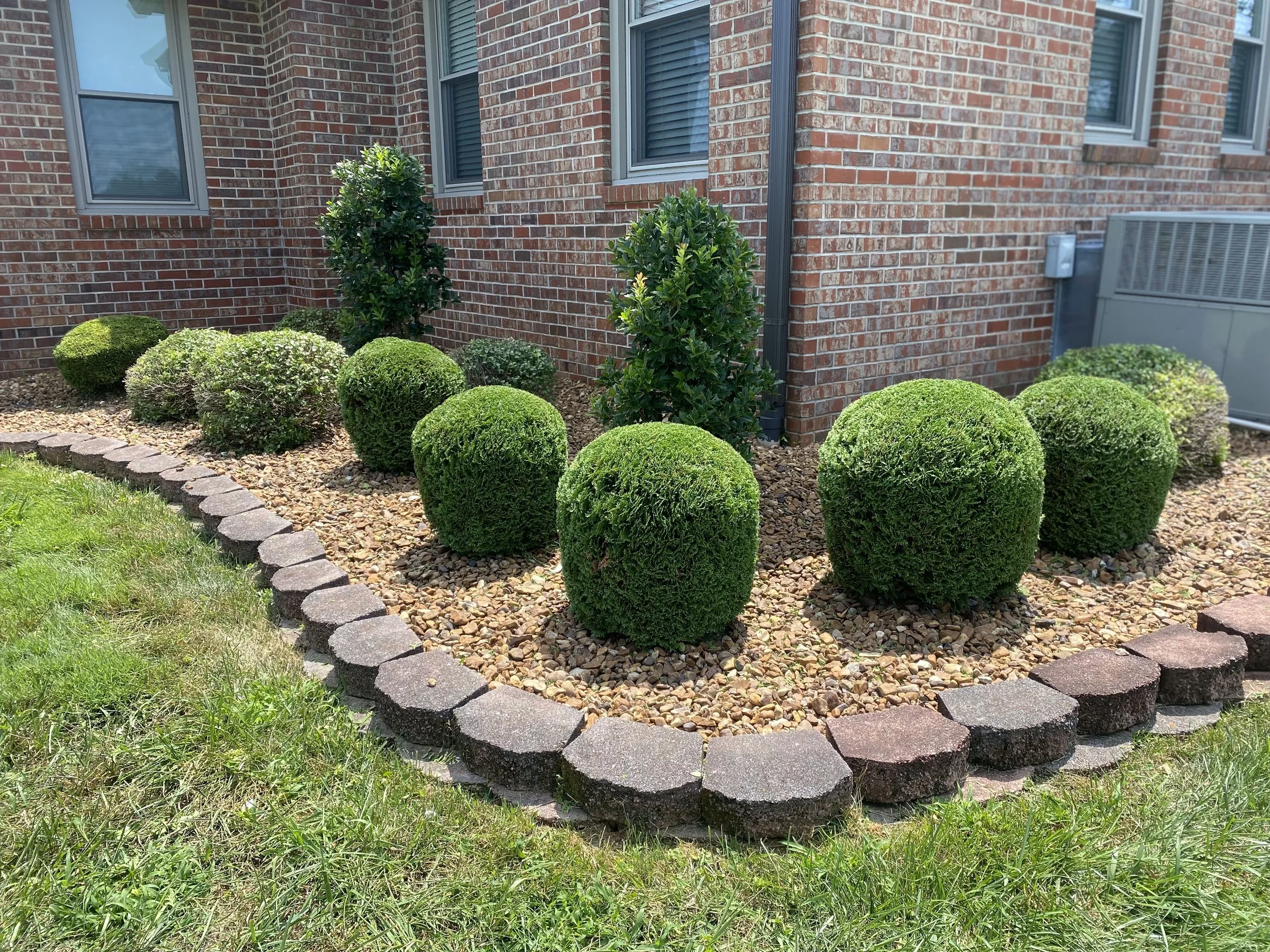 landscaped garden bed with round and shrub plants bordered by bricks, next to a brick house