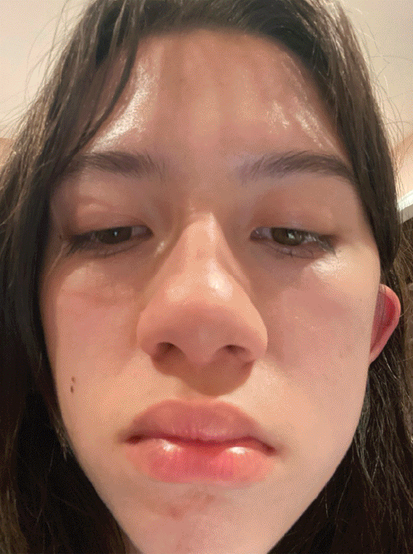 Animated portraits of a young woman with brown hair, Hallel, edited to overlap and blend in with each other.