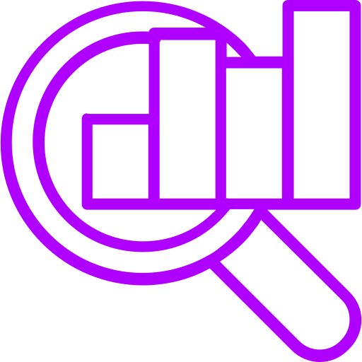 Purple magnifying glass examining a bar chart with three vertical bars of increasing height.