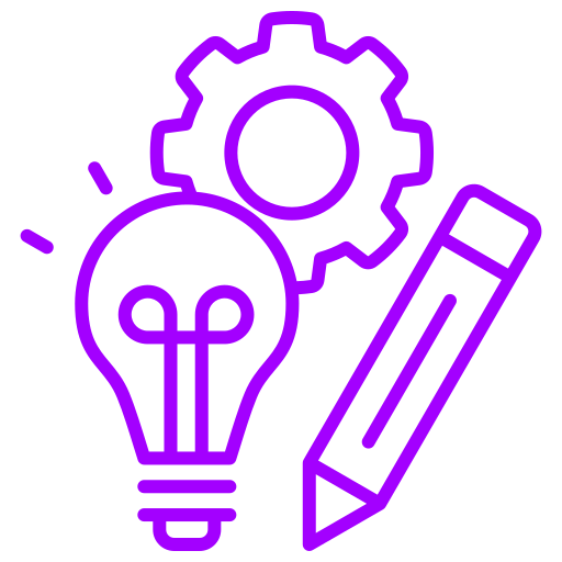 Purple outline illustration of a light bulb, gear, and pencil, representing ideas, innovation, and creativity.