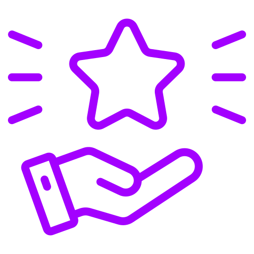 Outline of a hand holding a star with lines radiating from the star, in purple.