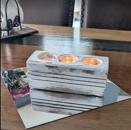 Distressed Wood 3 Votive Candle Holder - Grooved