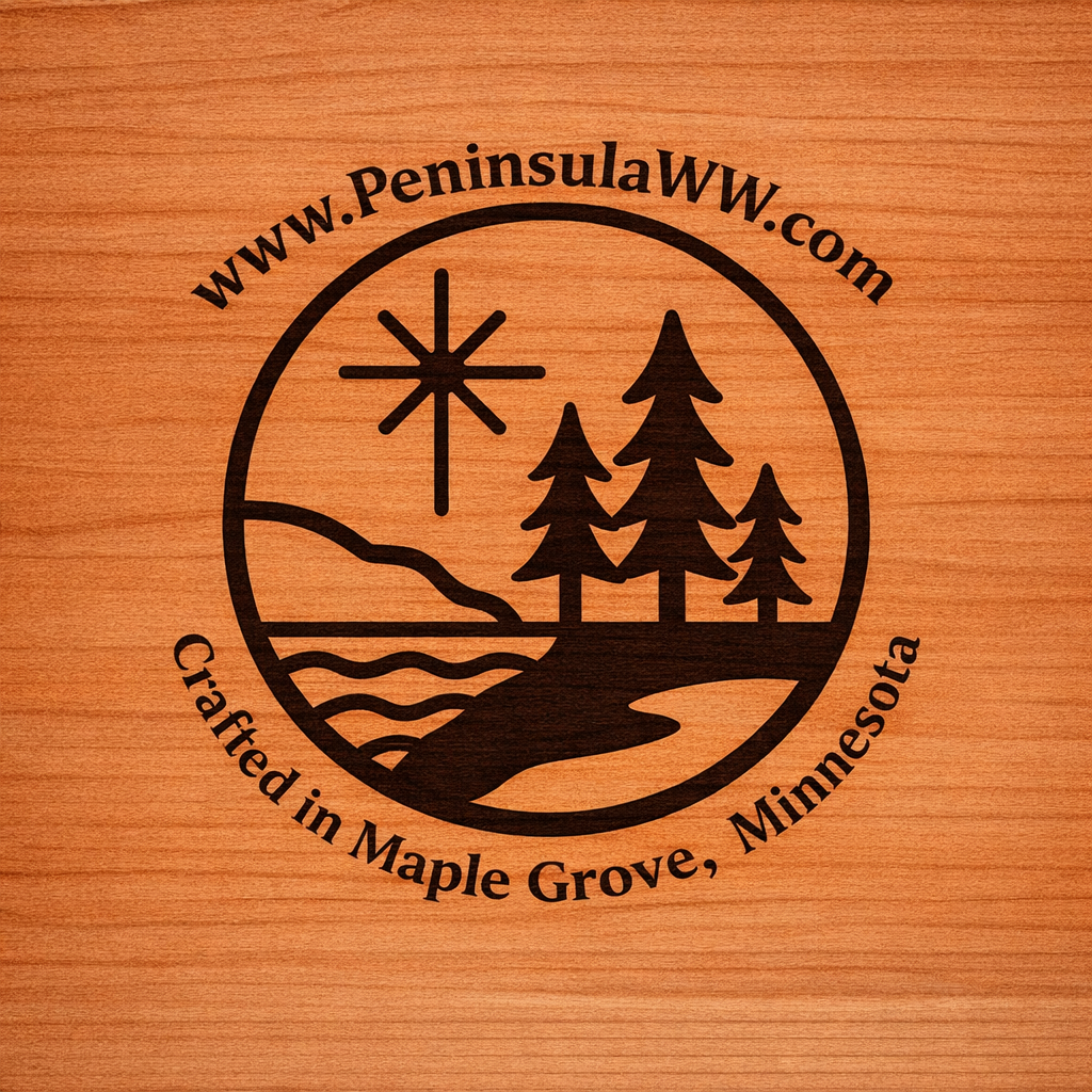 A round logo with a landscape of mountains, a lake, trees, and a trail, along with an asterisk-like symbol, and the text "www.PeninsulaWW.com" at the top and "Created in Maple Grove, Minnesota" at the bottom.