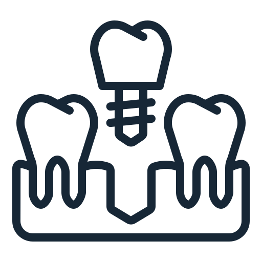 Outline of three teeth with a dental implant in the middle and a dental drill above them.