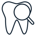 Outline of a tooth with a magnifying glass over it
