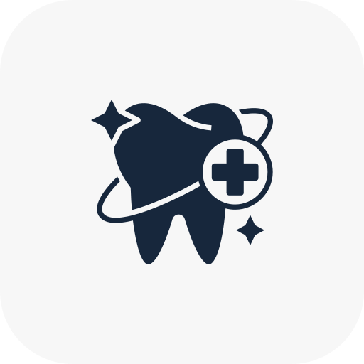 Icon of a tooth with a medical cross, surrounded by stars, representing dental health or dental care.