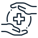 Hands holding a sphere with a medical cross symbol