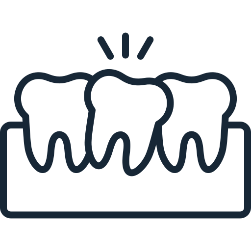 Line drawing of three teeth with a crown or cap on the middle tooth, highlighted by lines indicating focus.