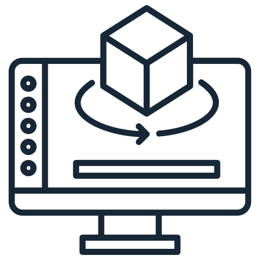 Line drawing of a computer monitor displaying a 3D cube with arrows indicating rotation to represent 3D modeling or rendering.