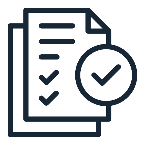 Icon of two documents with checkmarks and a magnifying glass indicating review or approval.