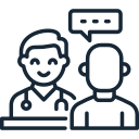 Line art illustration of a person talking to another person, depicted with speech bubbles.