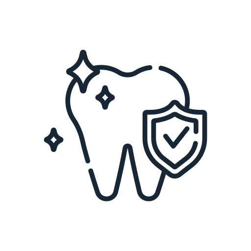 Illustration of a sparkling tooth with a shield and checkmark, symbolizing dental protection.