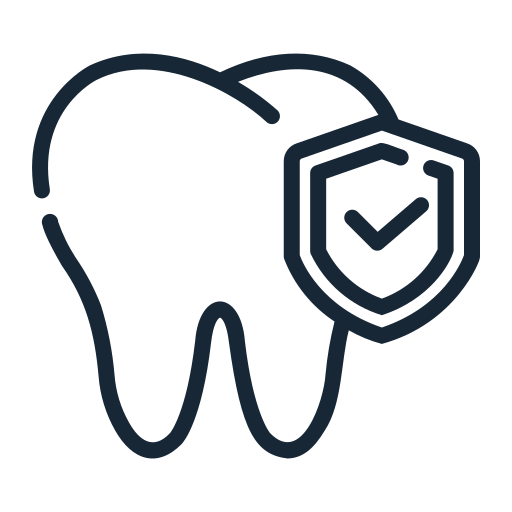 Outline of a tooth with a shield and checkmark symbol, representing dental health or protection.